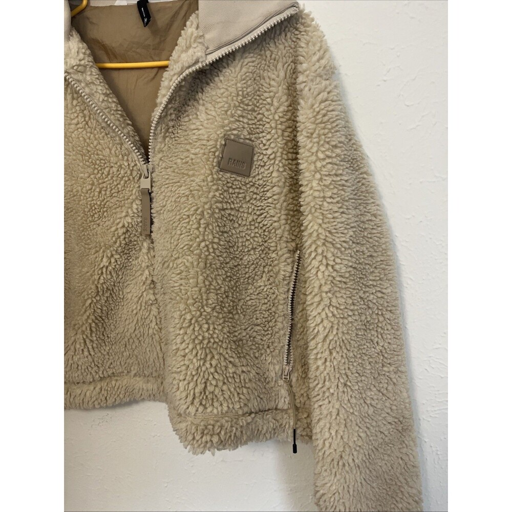 RAINS Women's Kofu Fleece Short Bomber Jacket Full Zip Beige Size Medium - Picture 3 of 14